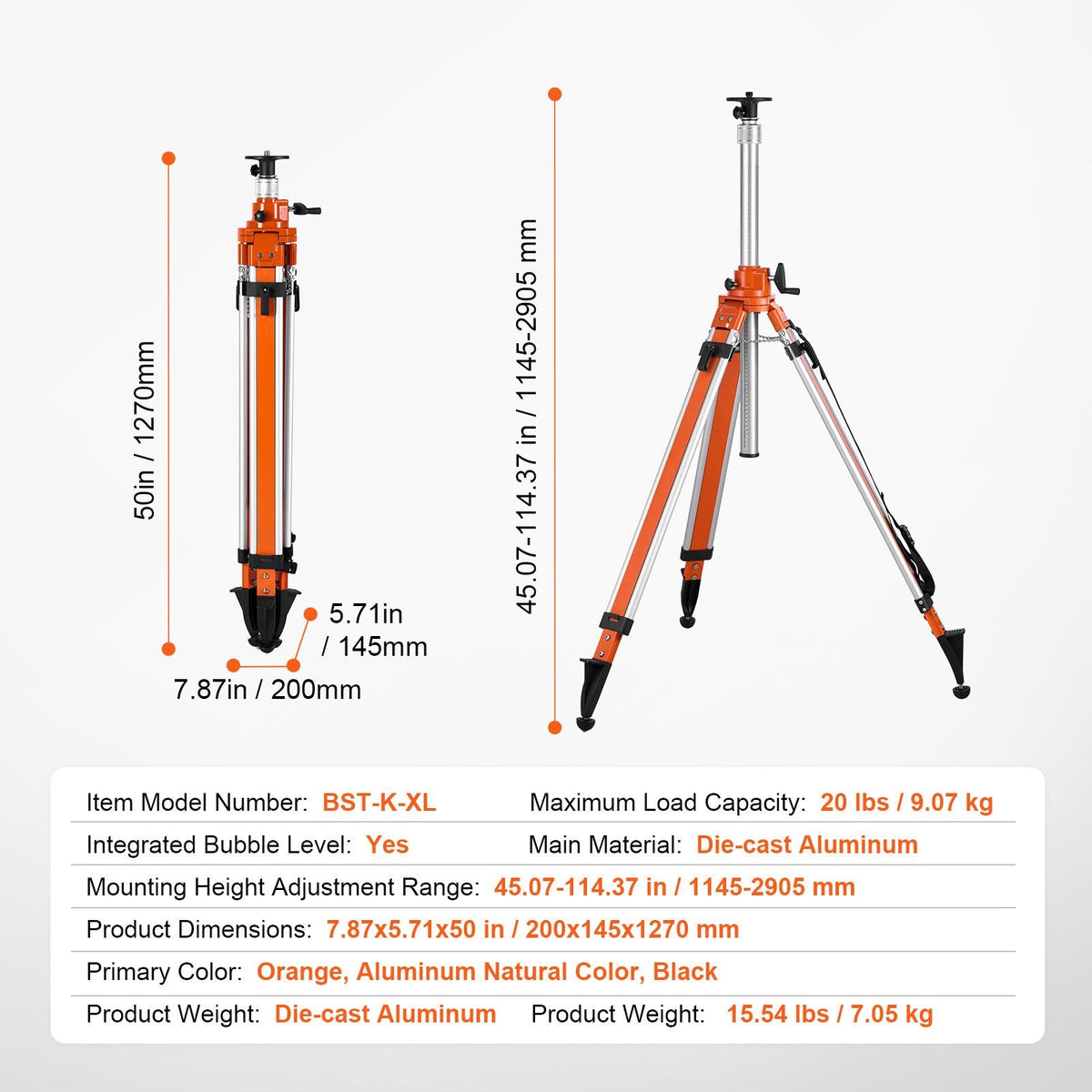 Heavy-Duty Laser Level Tripod Stand – 45–114 Inches